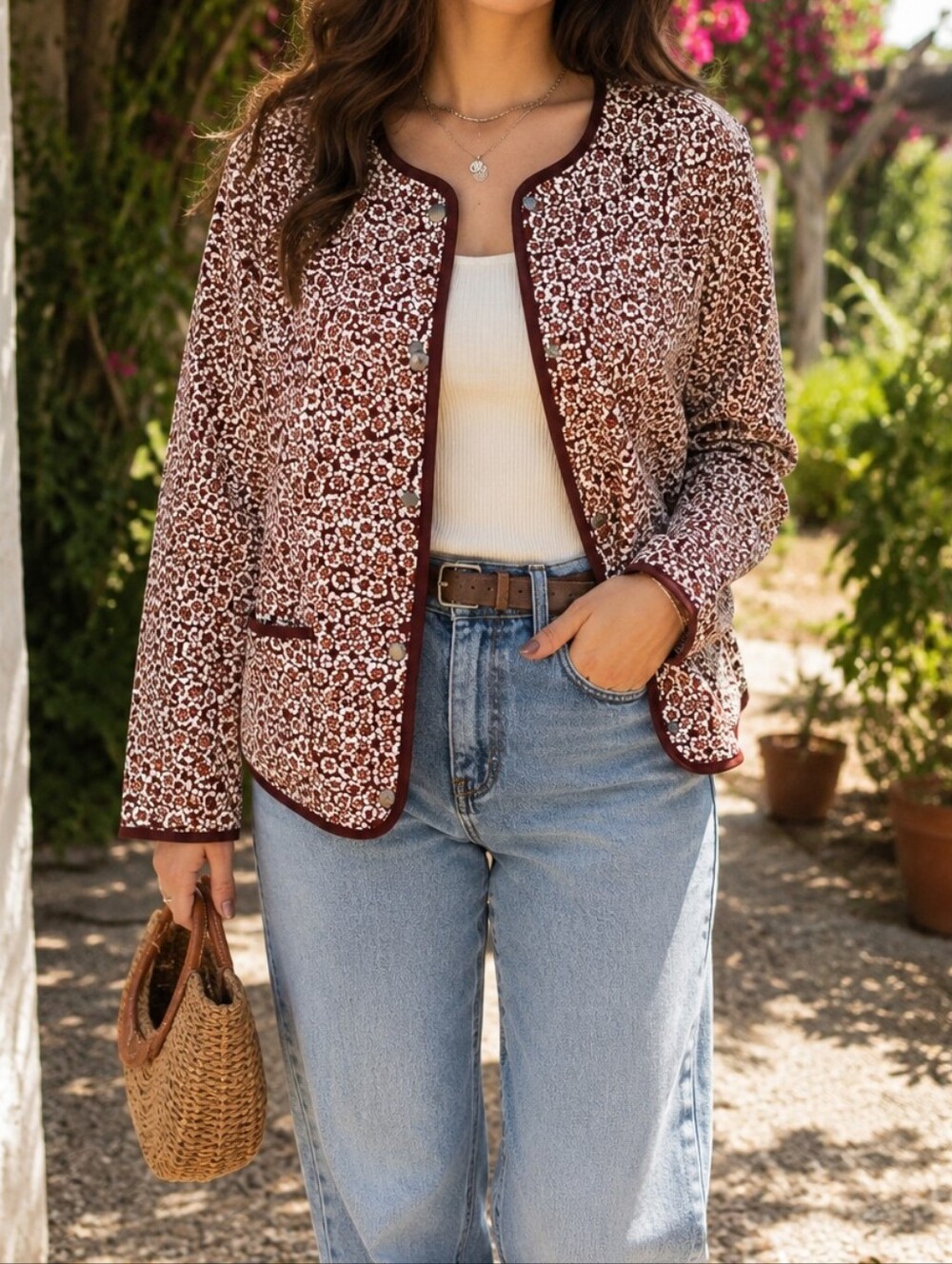 NWT Tahari Rust Floral Quilted Utility Jacket Boho Cottagecore Snap Front